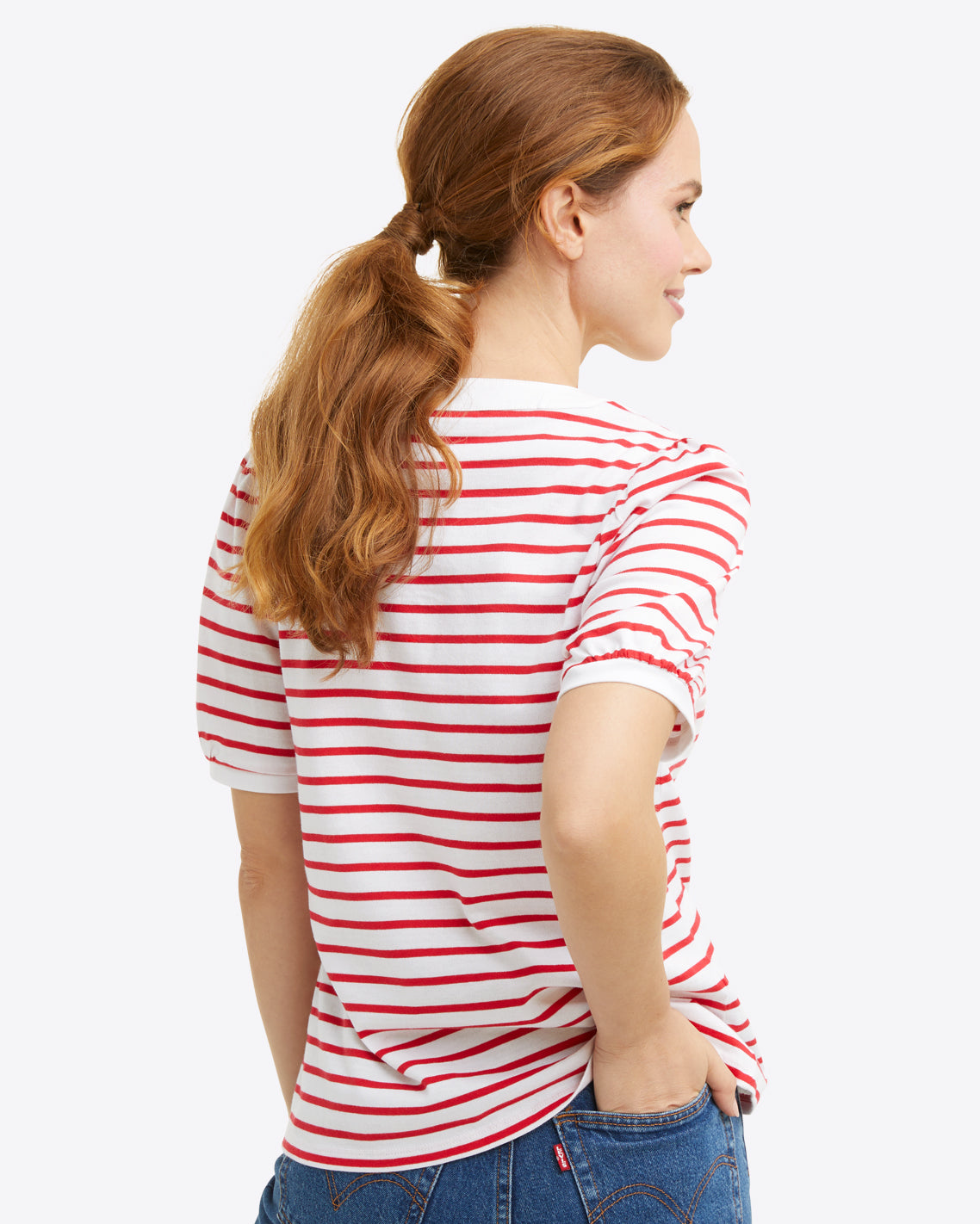 V-Neck Puff Short Sleeve T-Shirt in Lipstick Red Mariner Stripe