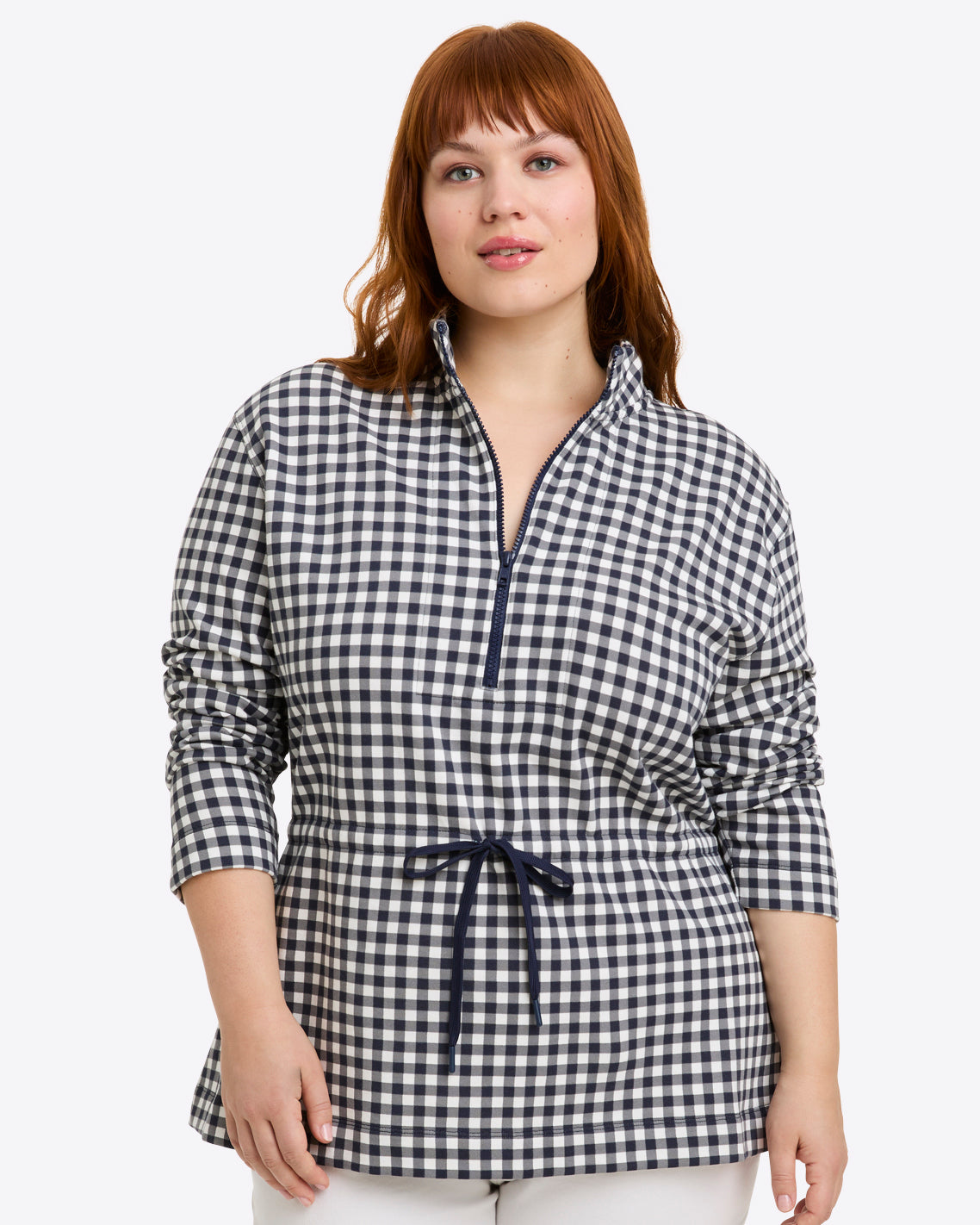 Cinch Waist Quarter-Zip Navy Gingham