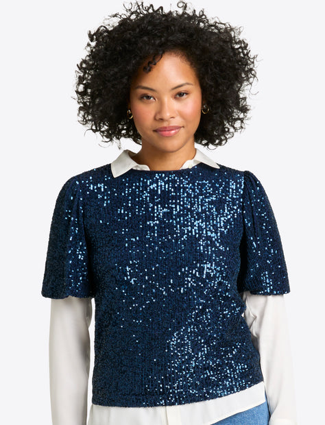 Flutter Sleeve Short Sleeve Top in Sequins