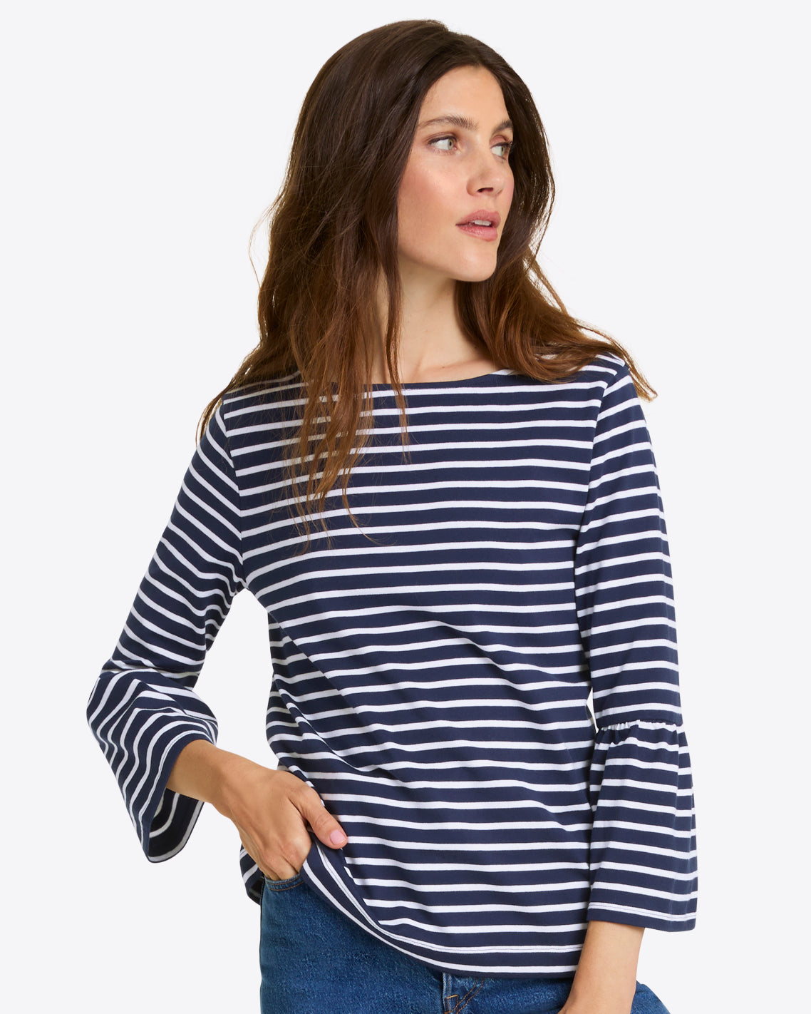 Corey Bell Sleeve Top in Navy Mariner Stripe