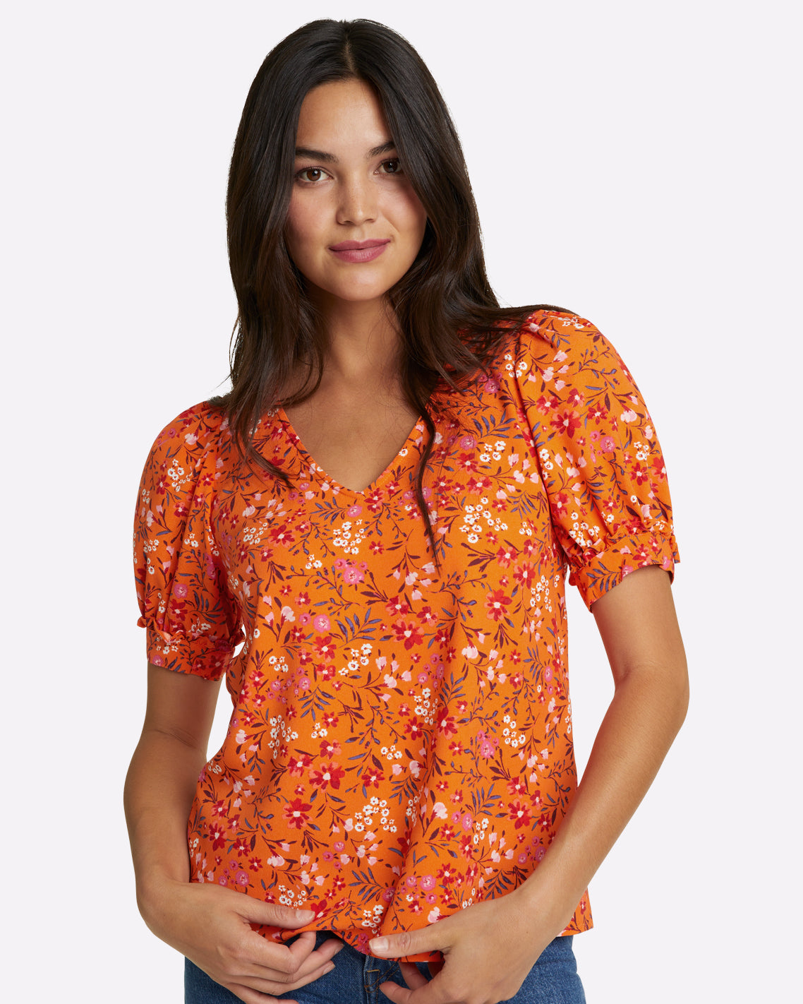 Heidi V-Neck Top Apricot Pansy Floral