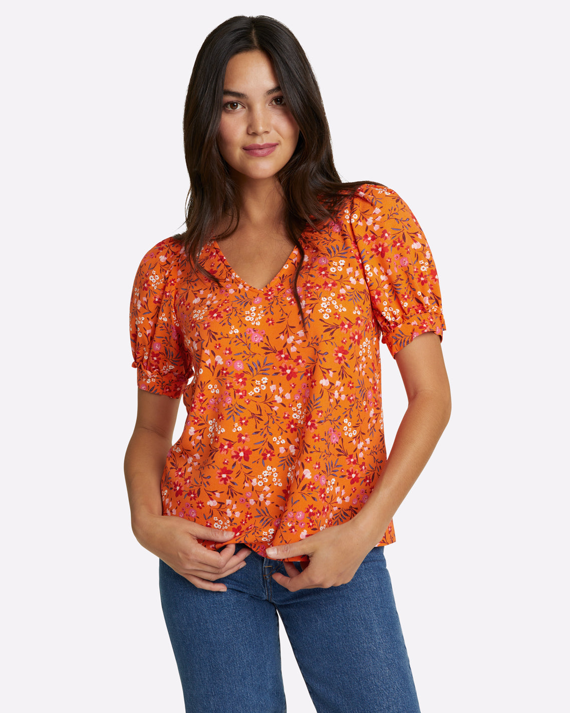 Heidi V-Neck Top Apricot Pansy Floral