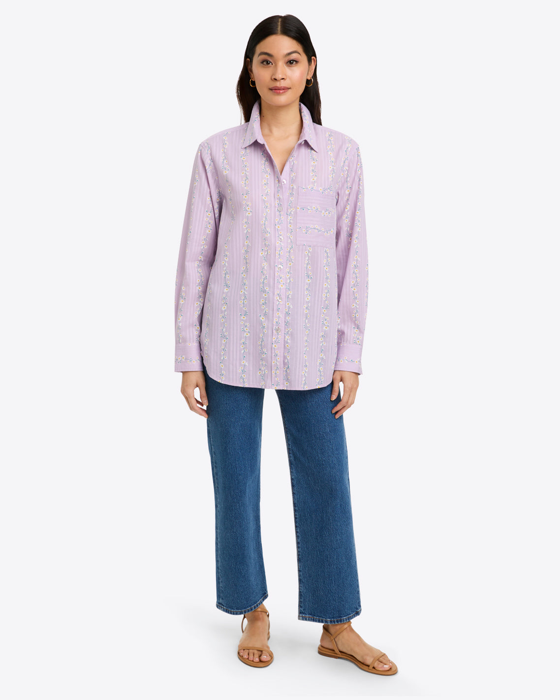 Lynn Long Sleeve Top in Embroidered Cotton Dobby