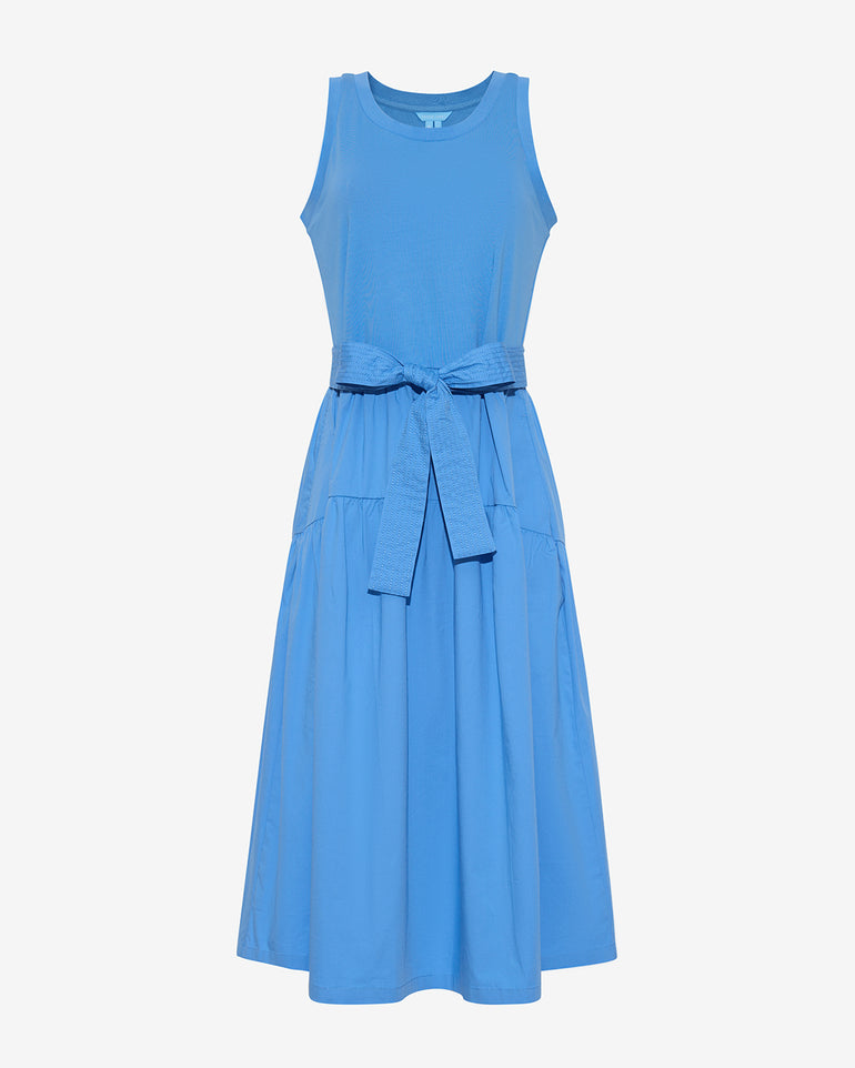 The Lila Mixed Media Midi Dress in Light Blue by Draper James features a sleeveless design, round neckline, and matching fabric waist tie, shown against a plain white background.