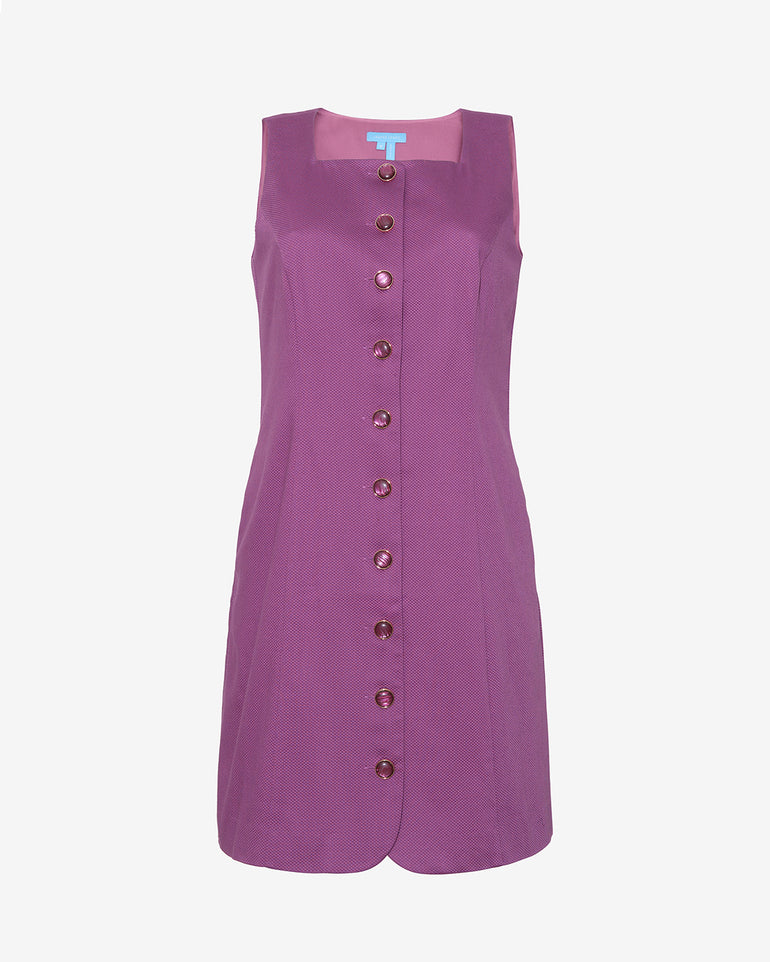 The Draper James Hannah Shift Dress in Amethyst features a sleeveless, classic silhouette with front button closure and knee-length hem, shown against a plain white background.