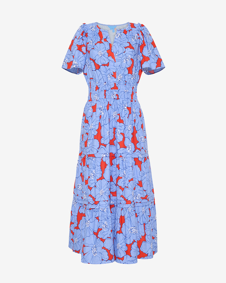 Meet the Draper James Hollie Midi Dress in Floating Floral—a short-sleeve, ankle-length blue cotton-linen dress with a red and white floral print and fitted waist.
