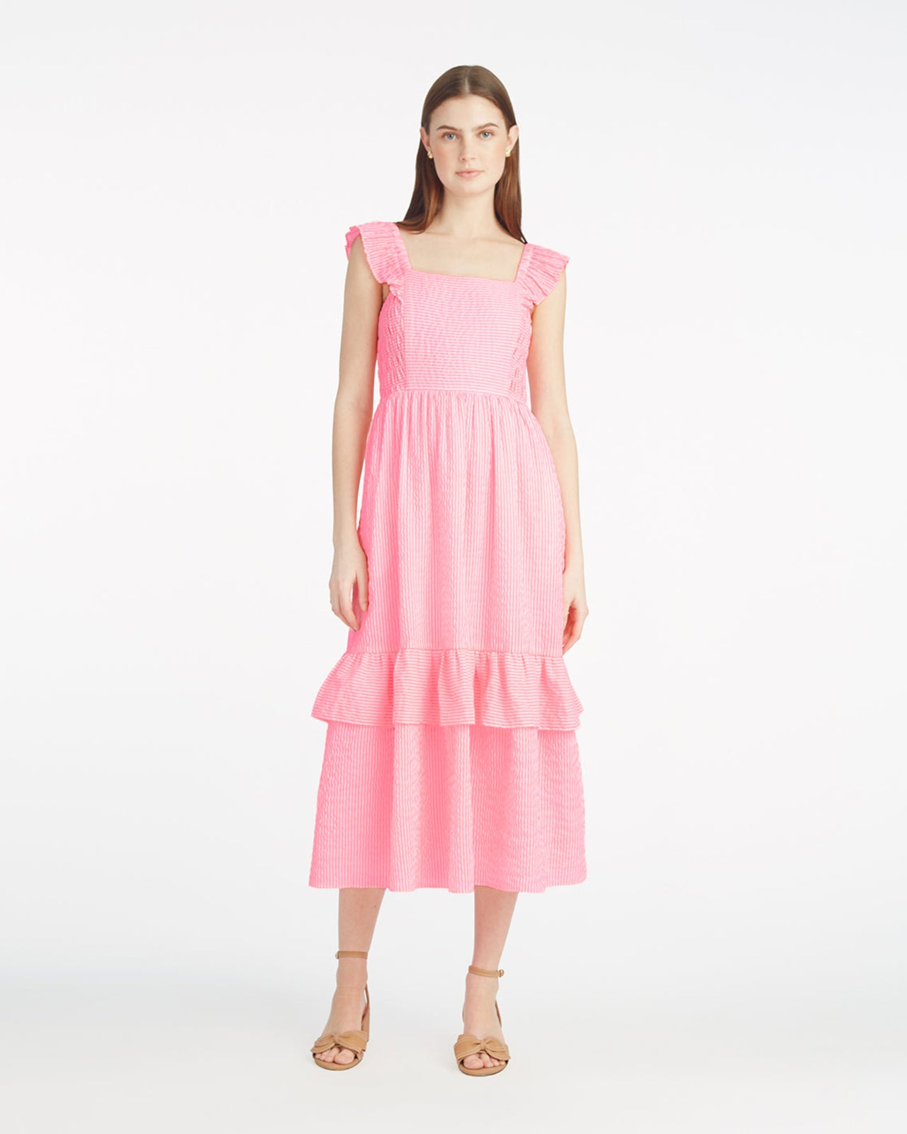 Carrie Midi Dress in Pink Seersucker | Color - Pink Seersucker Stripe / 2X