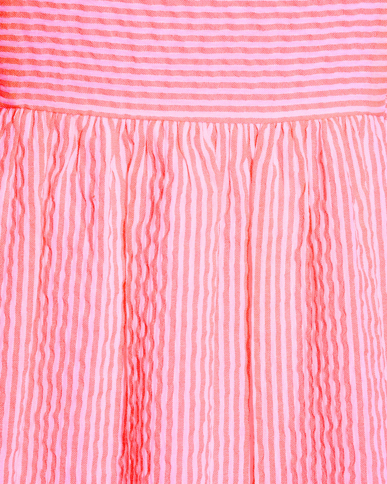 Carrie Midi Dress in Pink Seersucker