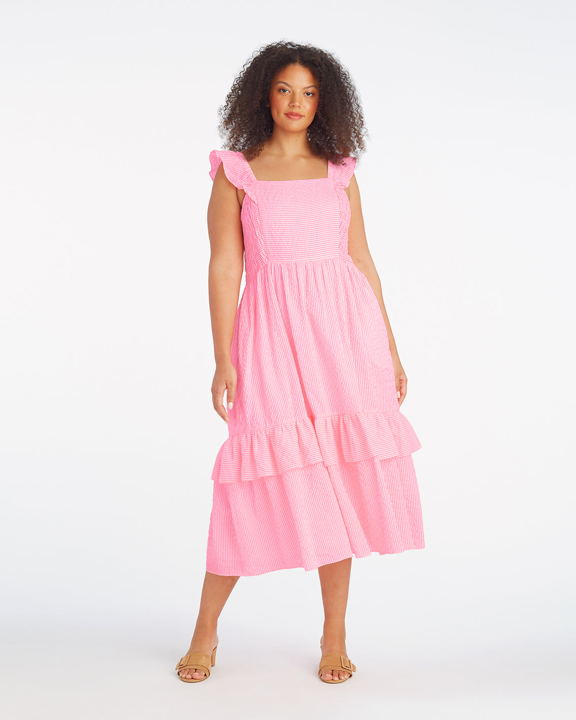 Carrie Midi Dress in Pink Seersucker | Color - Pink Seersucker Stripe / 2X