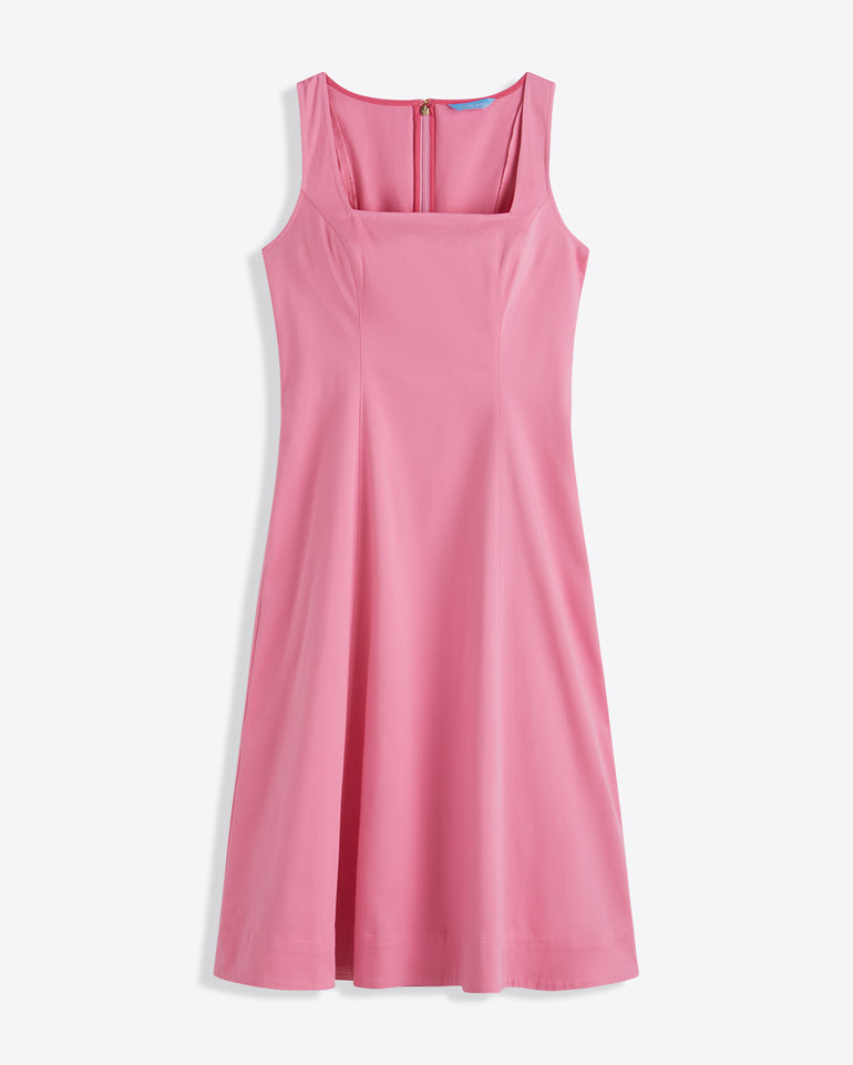 The Draper James Genevieve Square Neck Sleeveless Midi Dress in pink features a square neckline, visible back zipper, and is made from structured cotton. Shown laid flat on a white background.