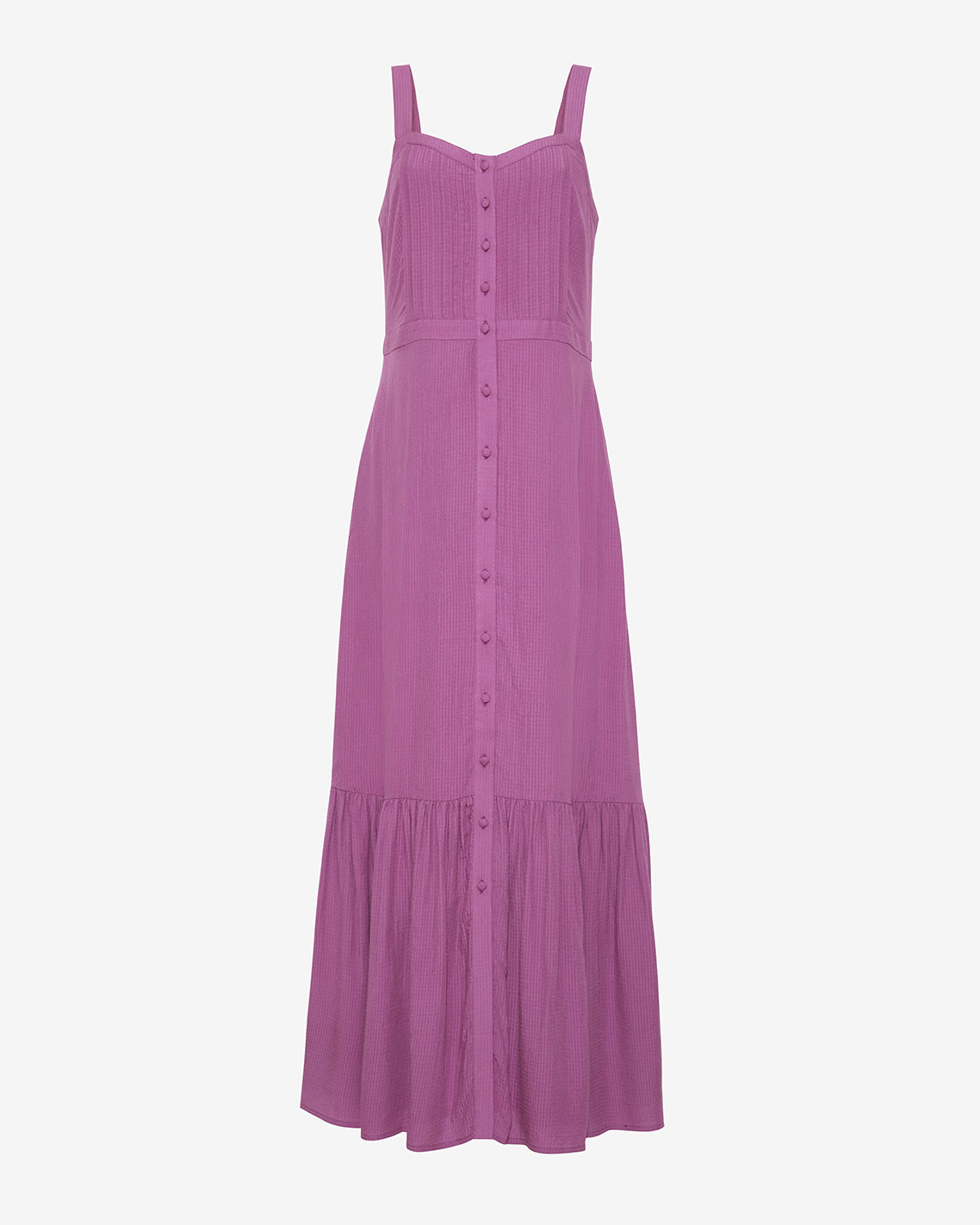 The Draper James Brynn Sleeveless Midi Dress in Amethyst features a fitted bodice, wide straps, button front, and ruffled hem—shown against a plain white background.