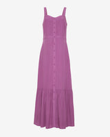 The Draper James Brynn Sleeveless Midi Dress in Amethyst features a fitted bodice, wide straps, button front, and ruffled hem—shown against a plain white background.