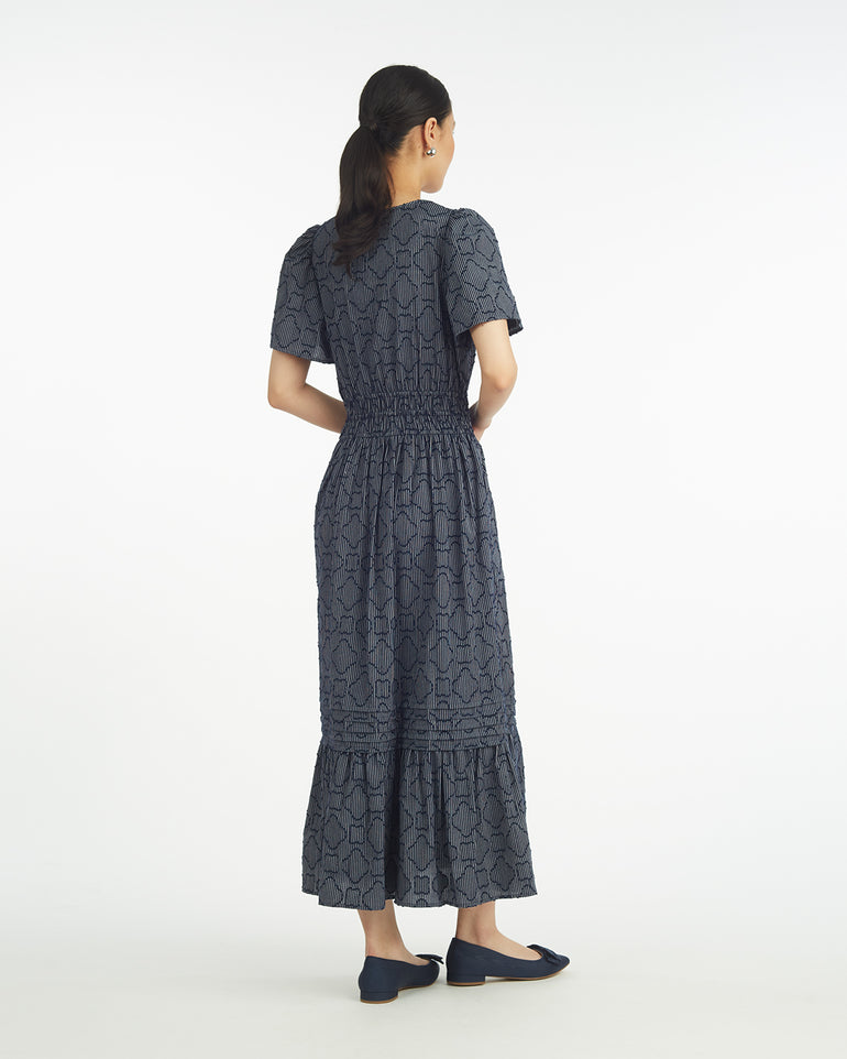 Hollie Midi Dress in Navy Textured Stripe
