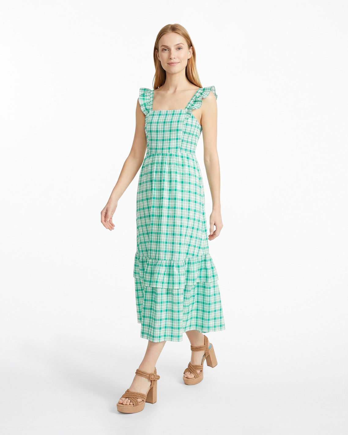 Carrie Midi Dress in Green Plaid | Color - Green / L