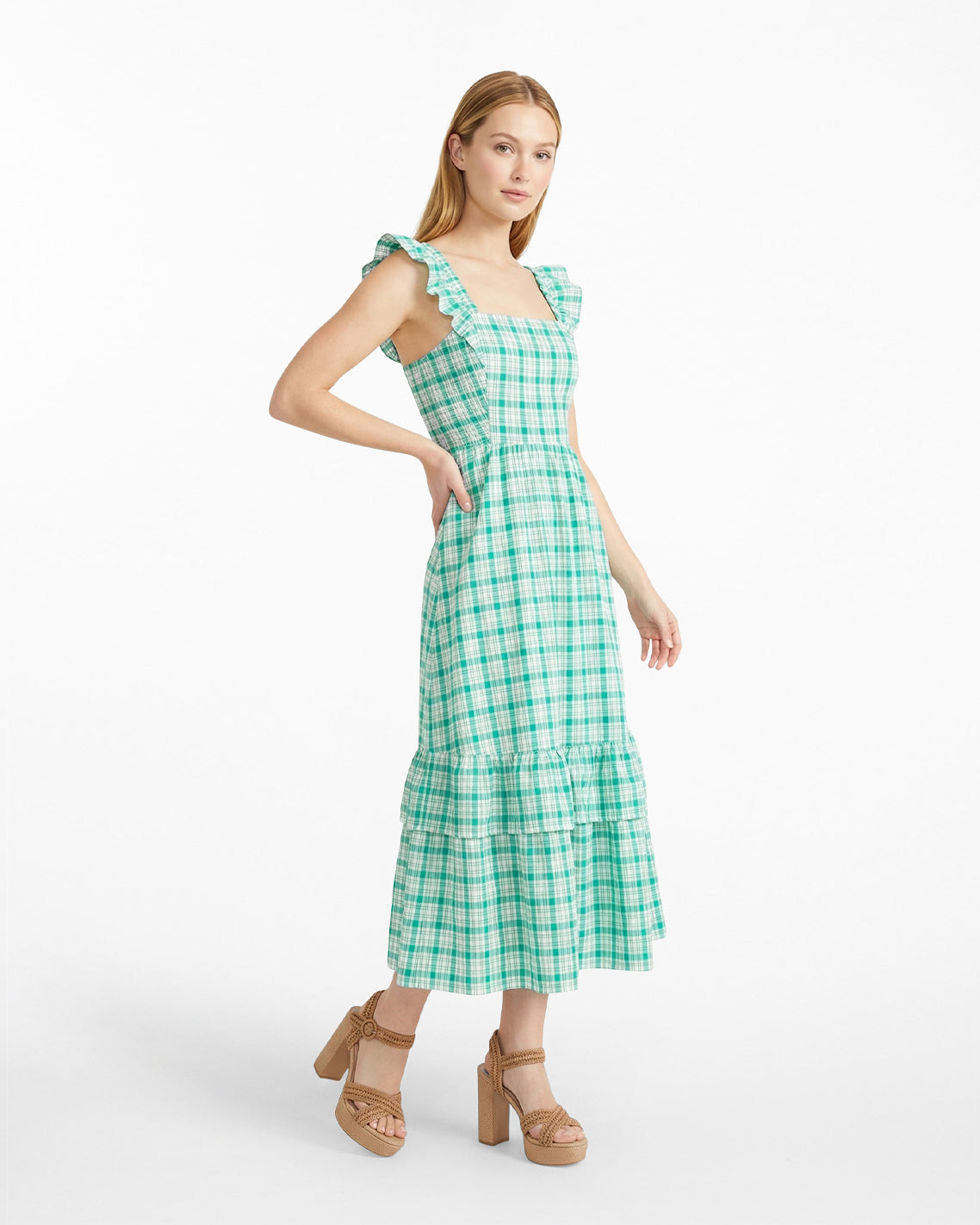 Carrie Midi Dress in Green Plaid - Green / XS Carrie Midi Dress in Green Plaid - Green / XS