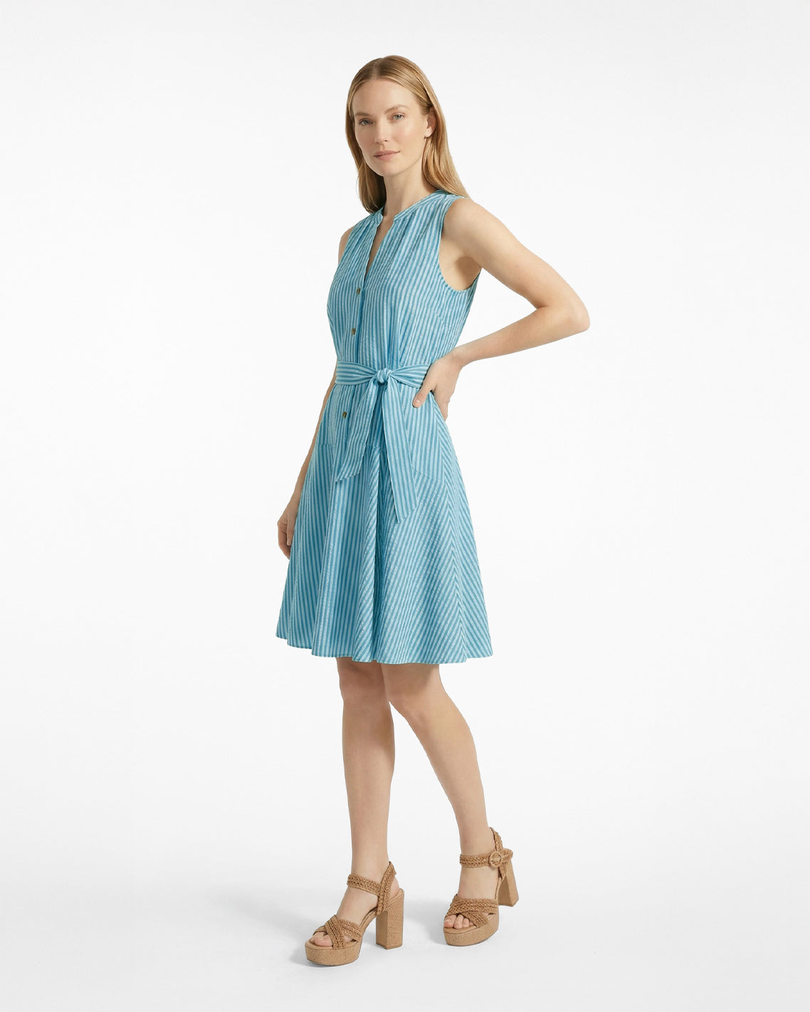 Avery Sleeveless Dress in Seersucker Stripe
