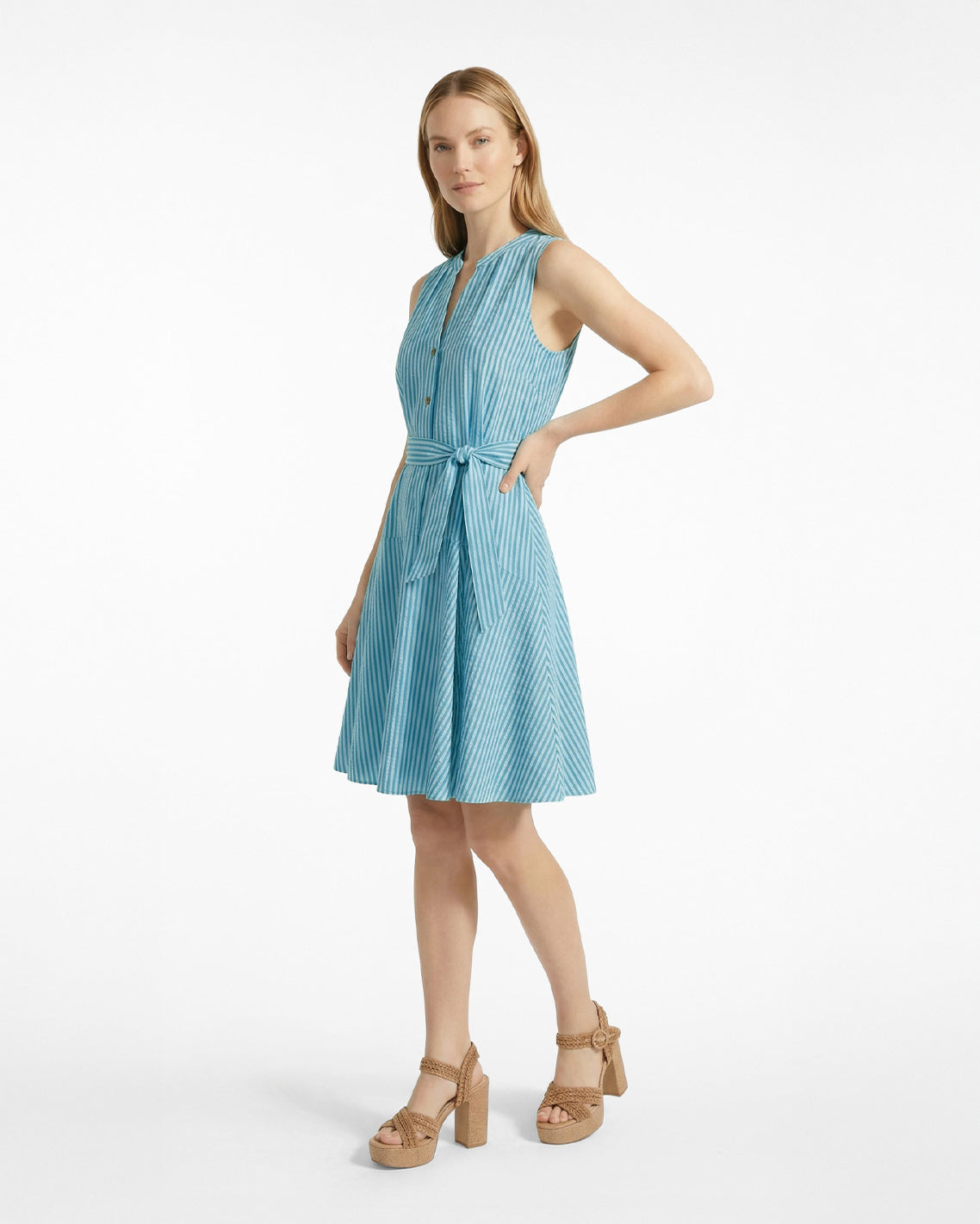 Avery Sleeveless Dress in Seersucker Stripe