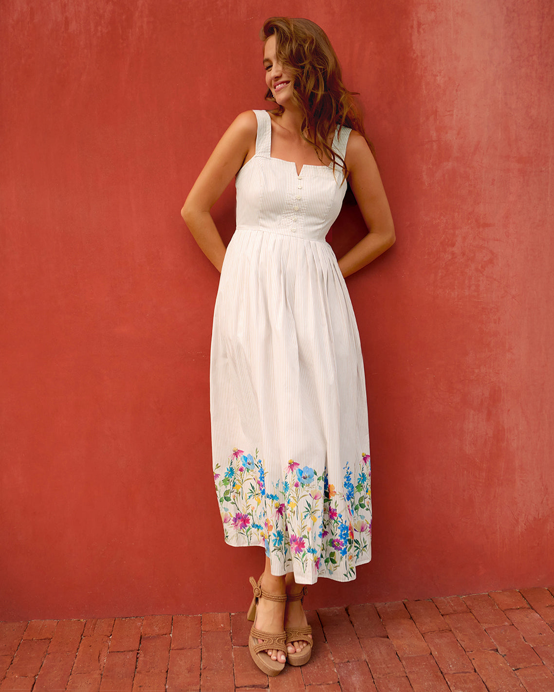 Clarence Midi Dress in Summer Blooms | Color - Tan / XXL