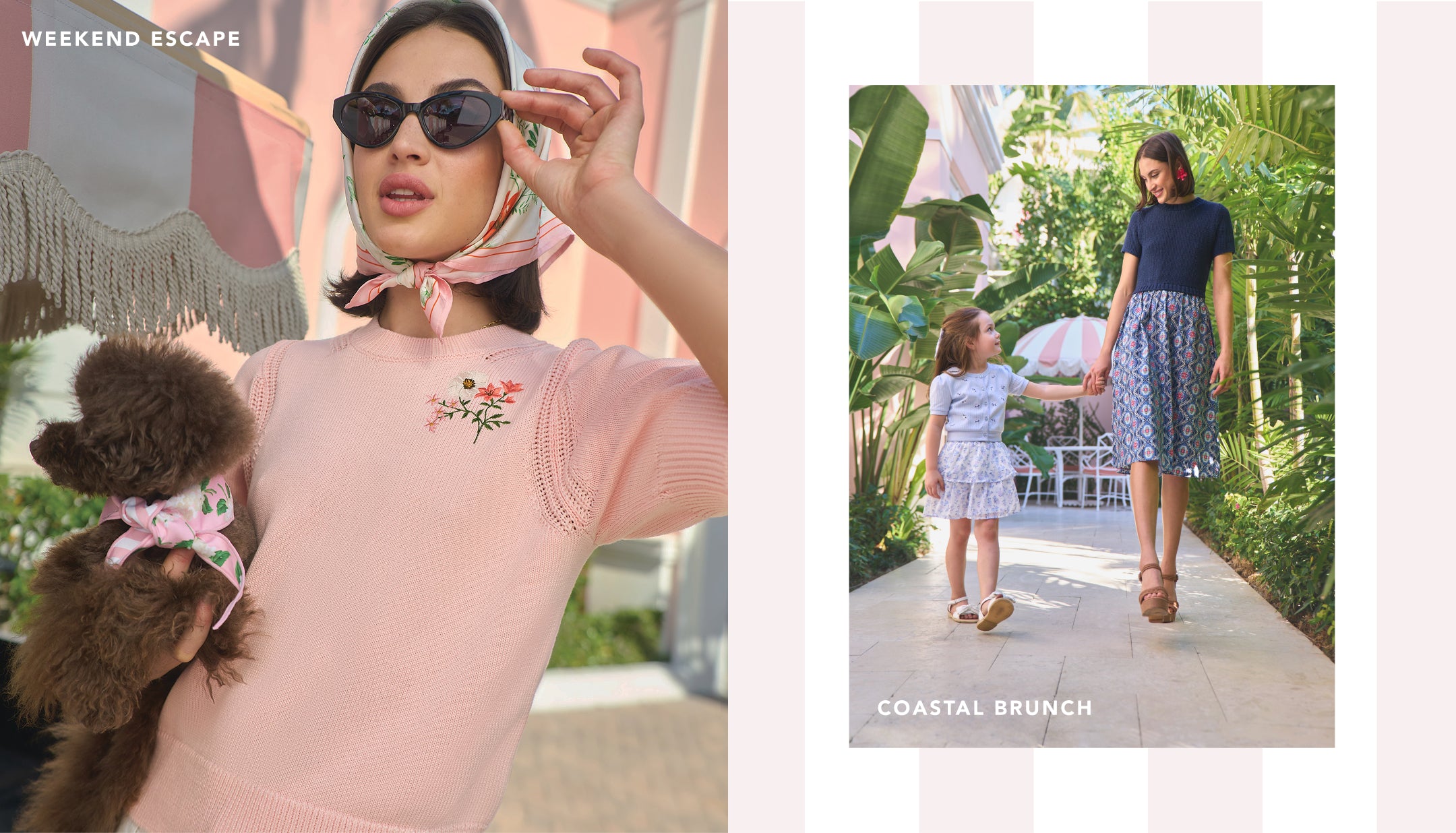 Woman in pink shirt with floral design holding a dog, with text 'Weekend Escape'.