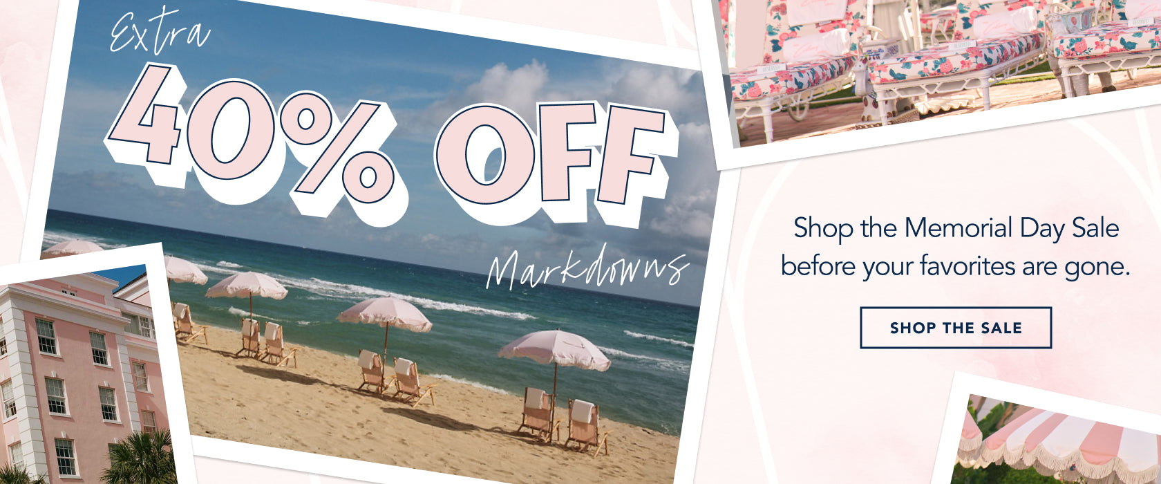 Promotional banner for Memorial Day sale with beach scene and discount text.