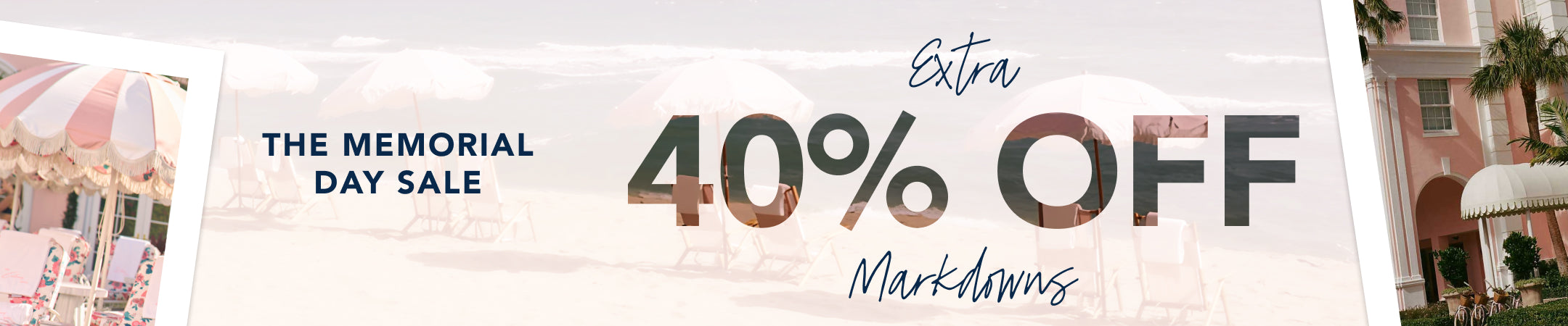 Memorial Day sale banner with 40% off markdowns on a scenic background.