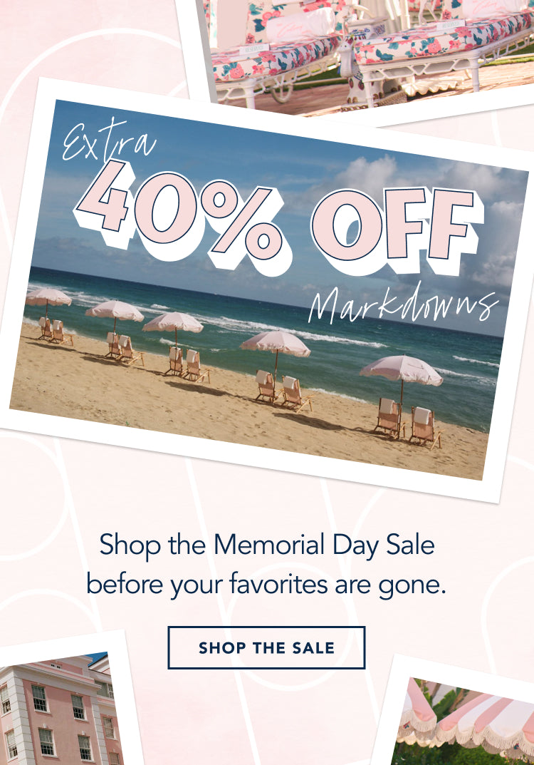 Promotional graphic for Memorial Day sale with beach scene and discount text.