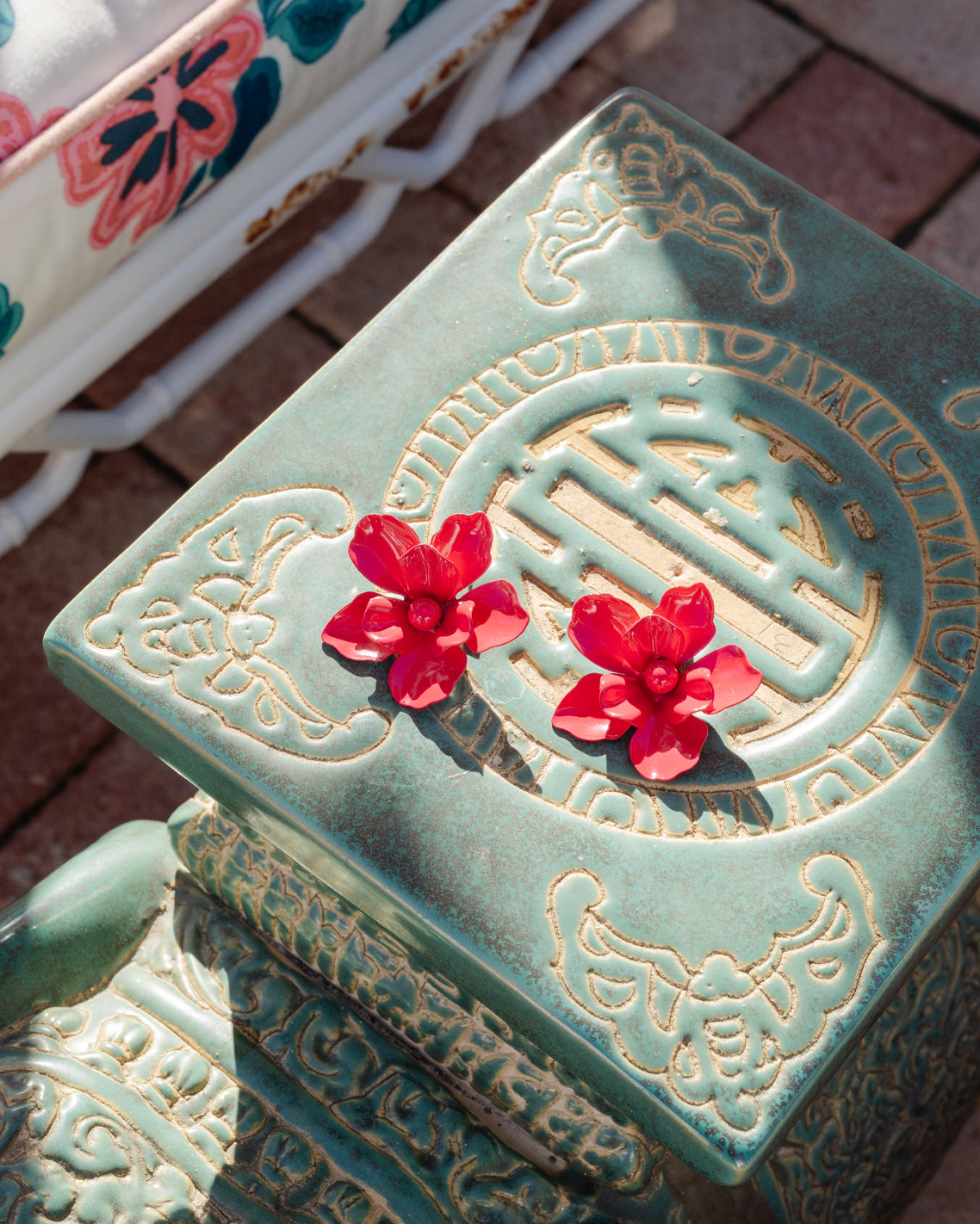 Pink Enamel Coated Flower Statement Earrings