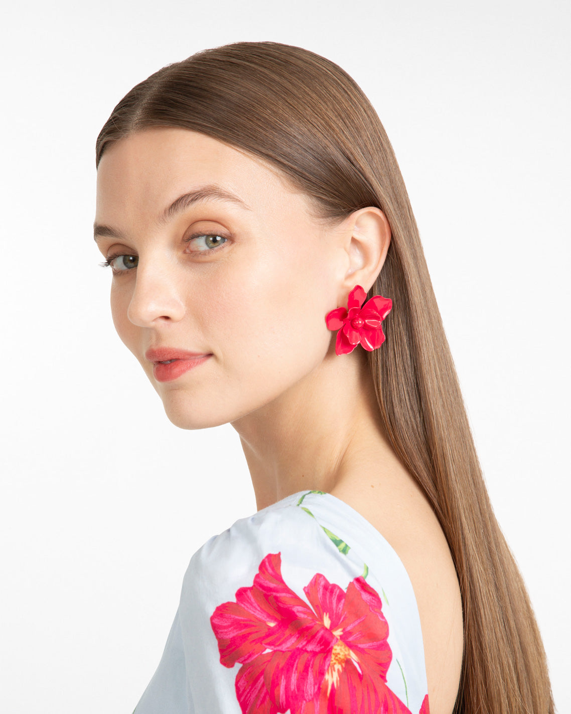 Pink Enamel Coated Flower Statement Earrings