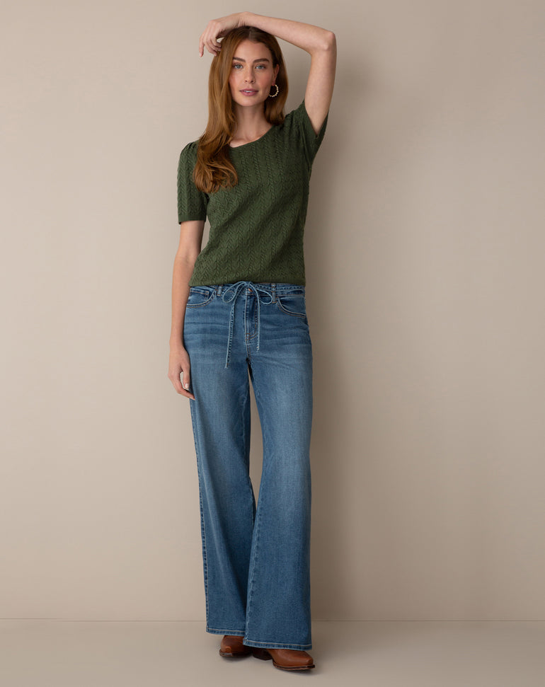 Short-Sleeve Sweater in Dark Green