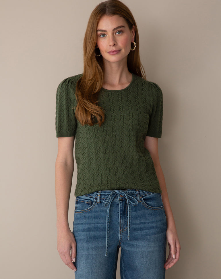 Short-Sleeve Sweater in Dark Green