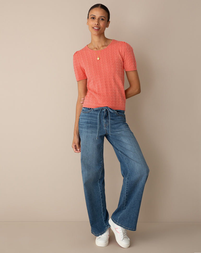 Short-Sleeve Sweater in Coral