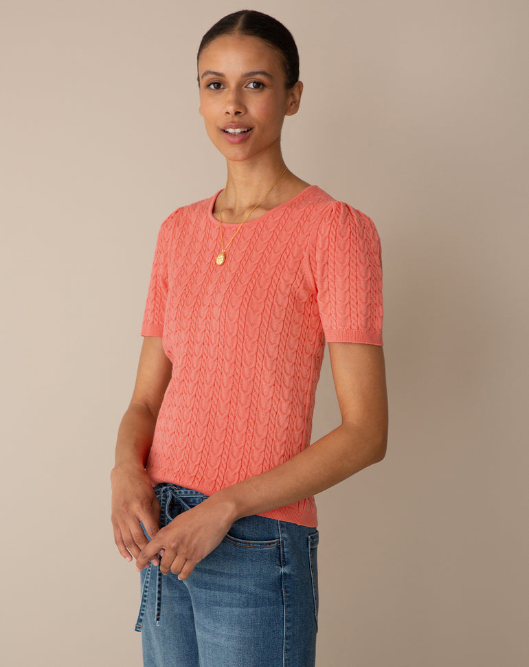 Short-Sleeve Sweater in Coral