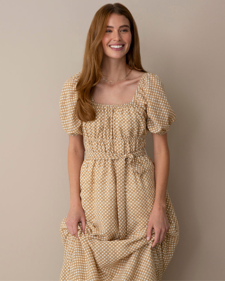 Elouise Midi Dress in Tan/Ivory