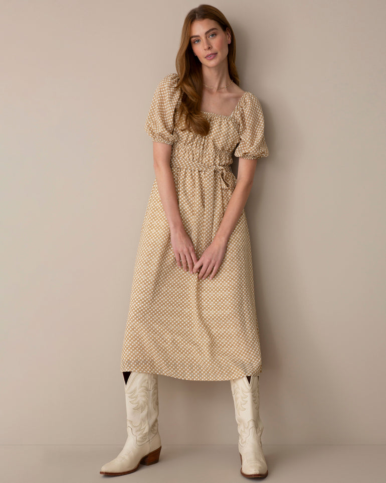 Elouise Midi Dress in Tan/Ivory