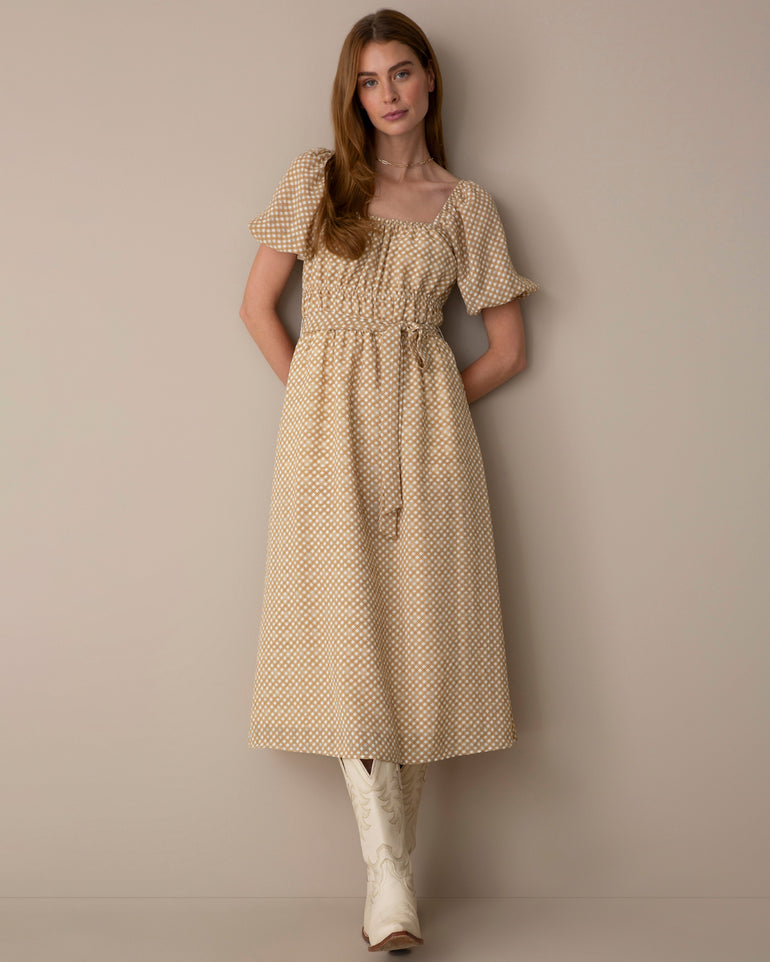 Elouise Midi Dress in Tan/Ivory