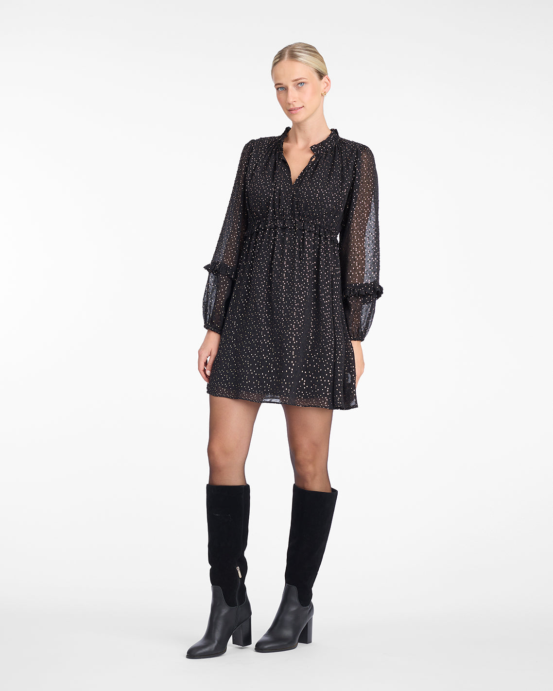 Leah Long-Sleeve Mini Dress in Foil Dot