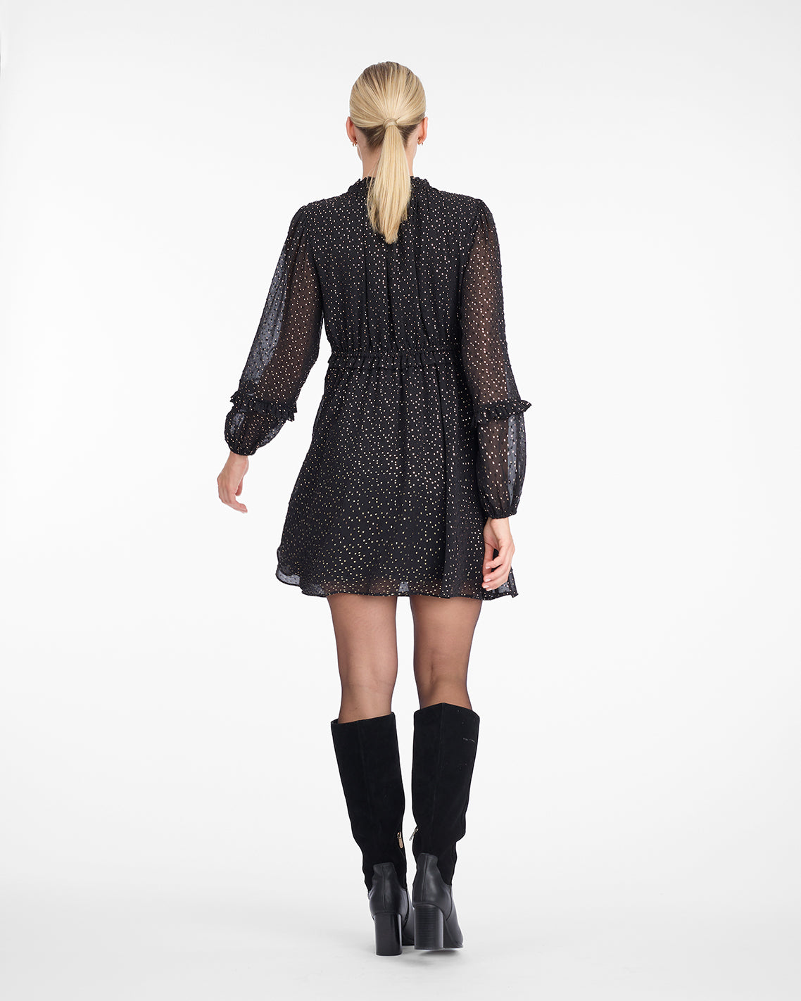 Leah Long-Sleeve Mini Dress in Foil Dot