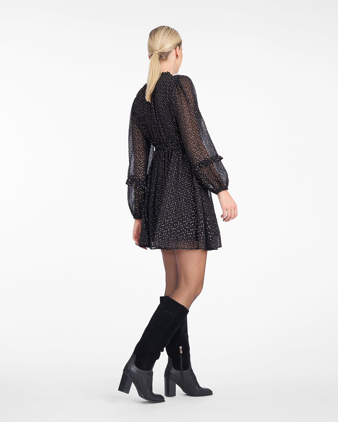 Leah Long-Sleeve Mini Dress in Foil Dot