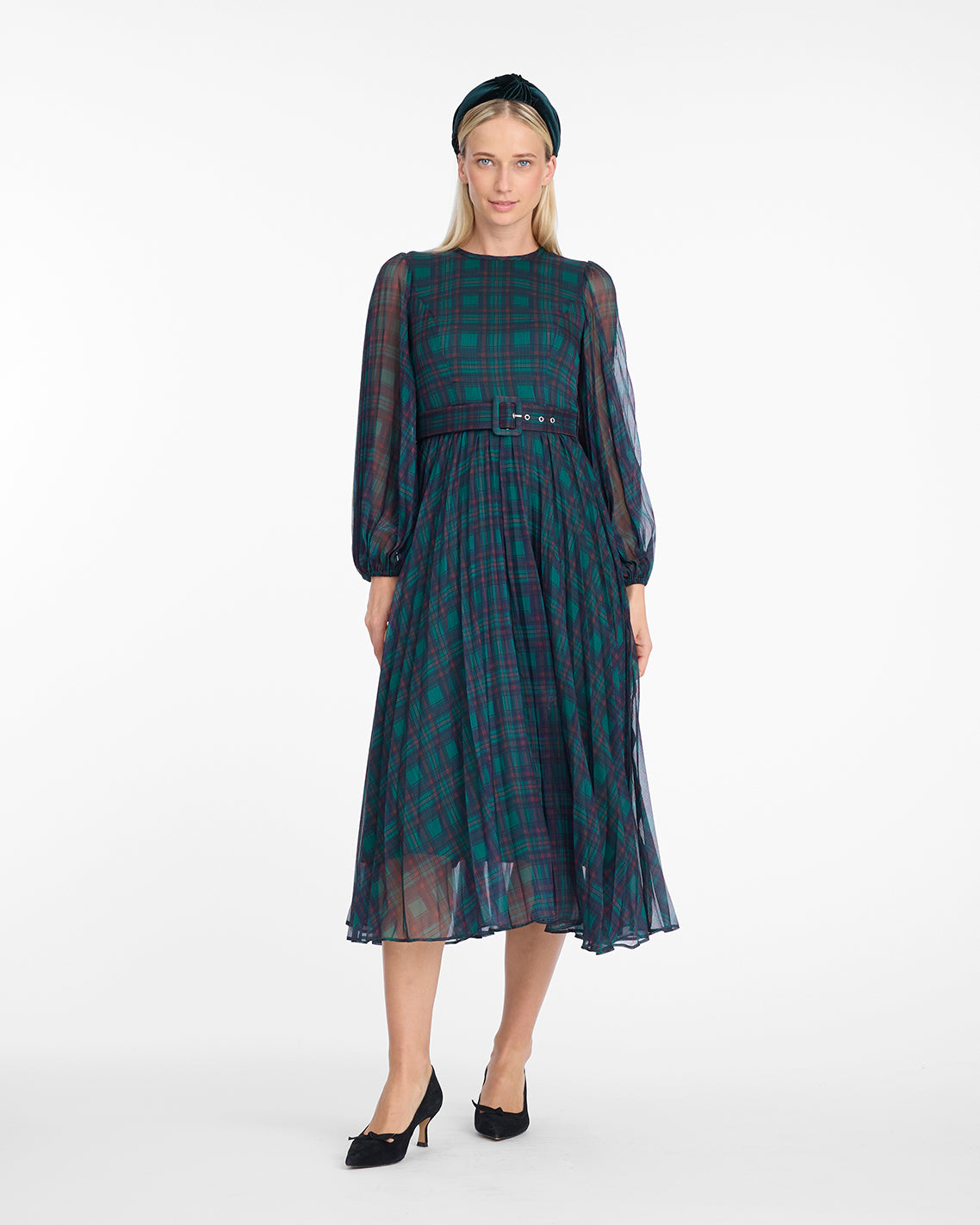 Maybelle Belted Midi Dress in Evergreen Tartan