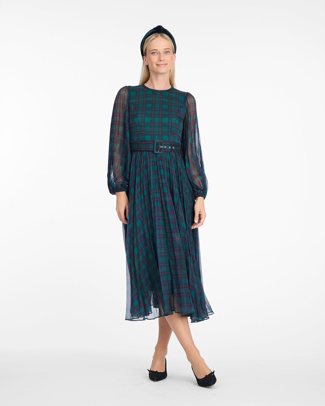 Maybelle Belted Midi Dress in Evergreen Tartan