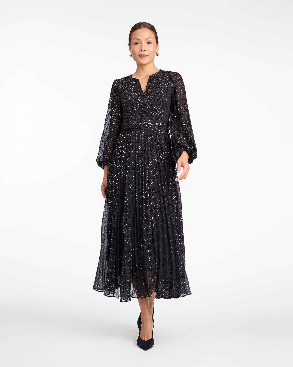 Maybelle Belted Midi Dress in Foil Dot