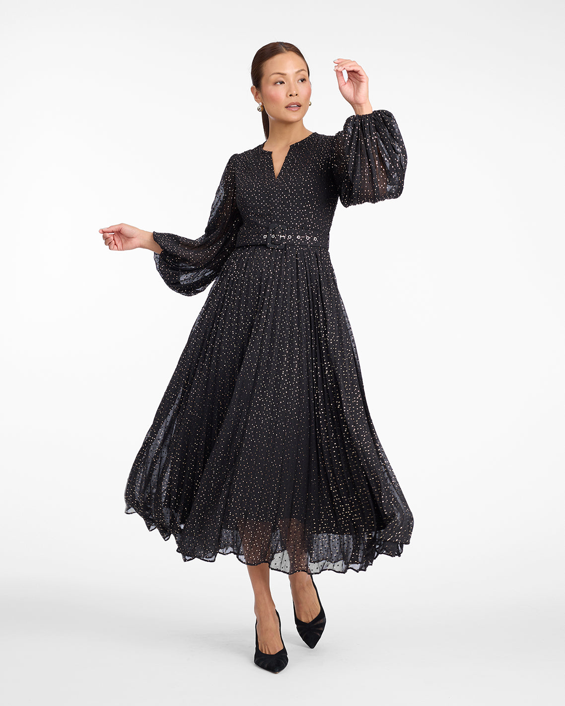 Maybelle Belted Midi Dress in Foil Dot