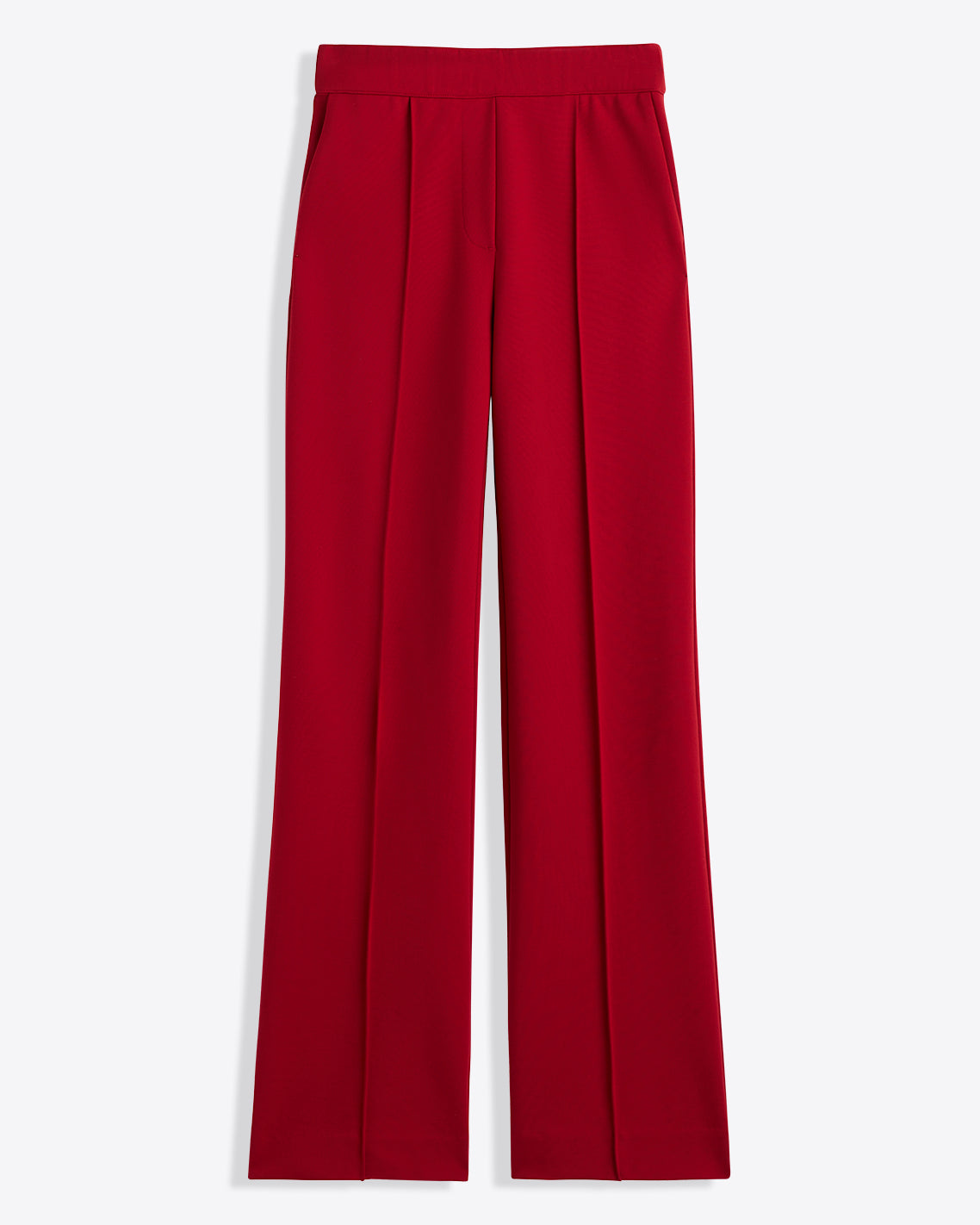 The Draper James Flare Pants in Ponte, featuring a high waist, straight-leg fit, lipstick color, front pleats, and side pockets, are shown laid flat on a white background.