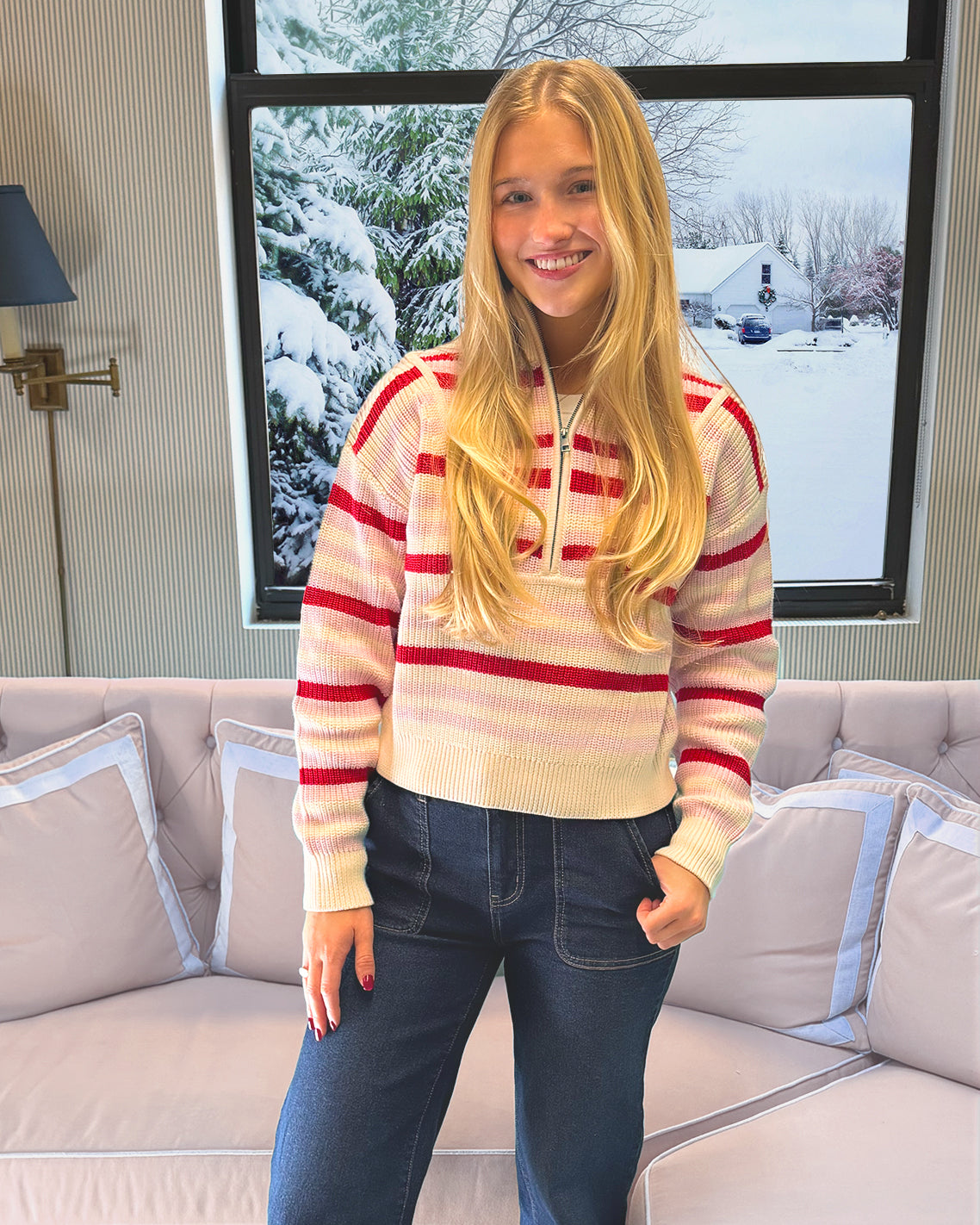 Quarter Zip Sweater in Mixed Stripe