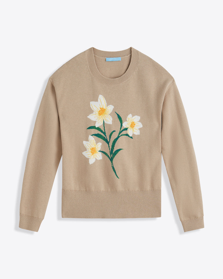 The Draper James Daffodil Crewneck Sweater is a beige long-sleeve cotton-wool blend featuring a large white and yellow daffodil with green stems on the front.
