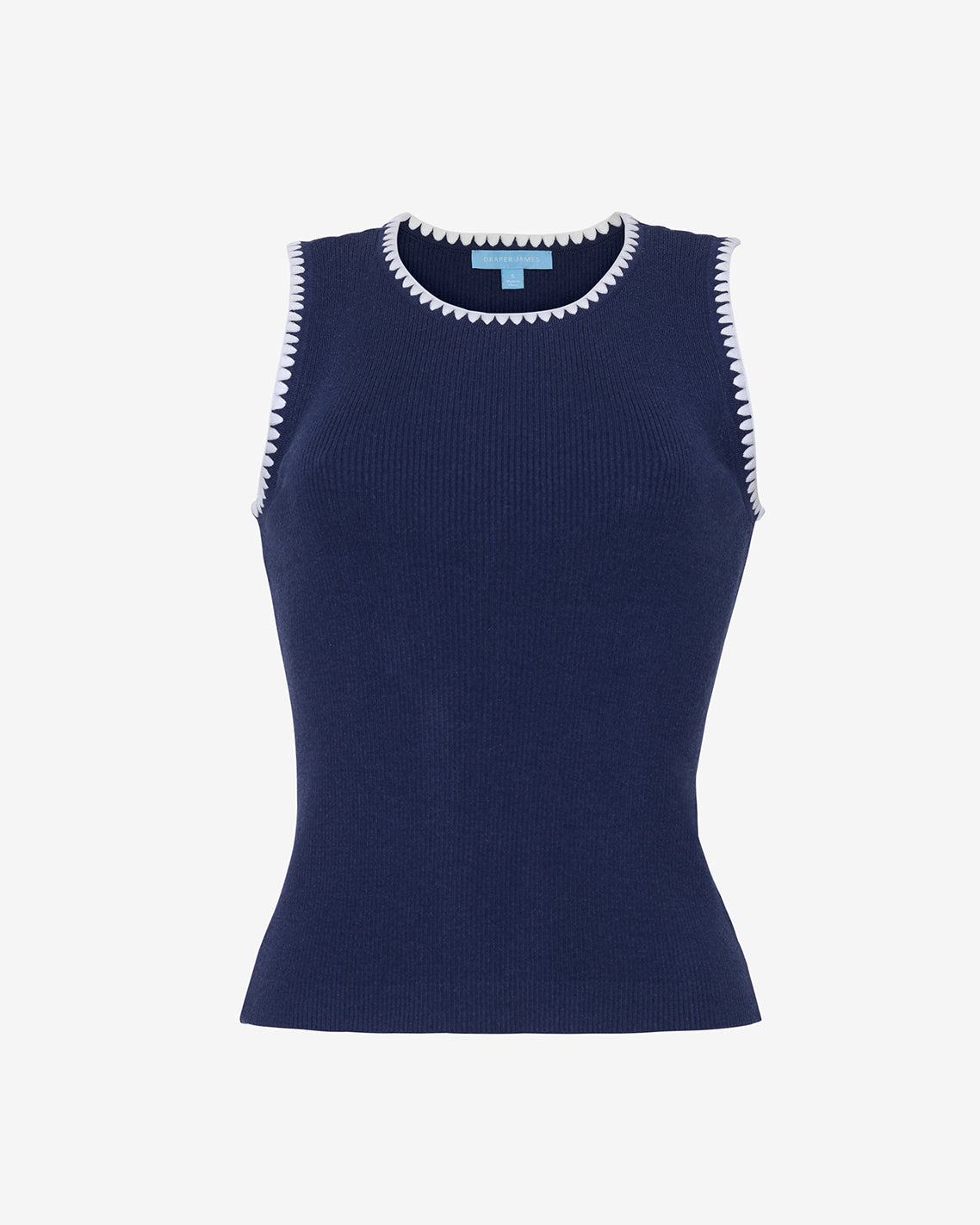 The Draper James Sweater Tank is a navy blue summer knit top featuring white trim at the neckline and armholes, shown on a plain white background.