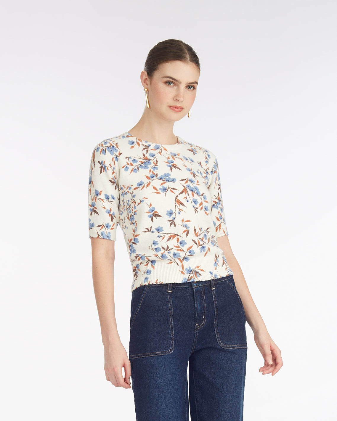 Short-Sleeve Floral Sweater