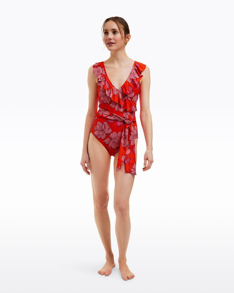 Red Magnolia Ruffle One Piece with Belt – Draper James