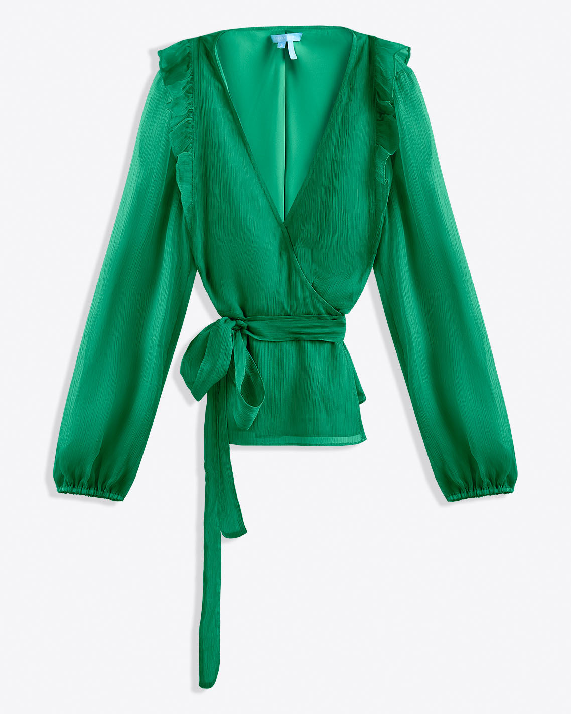 This Draper James Wrap Top is a versatile green long-sleeve blouse with a deep V-neck, ruffled shoulders, and a chic tie-waist belt.
