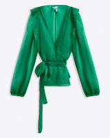 This Draper James Wrap Top is a versatile green long-sleeve blouse with a deep V-neck, ruffled shoulders, and a chic tie-waist belt.
